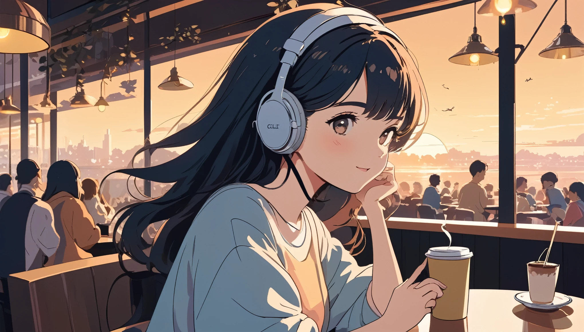 Woman listening to music in a cafe、, Wide-angle lens, Lofi Anime, Lofi illustration, Aesthetic atmosphere, Lo-Fi Style, Vector art, Flat Design, Simple shape, Warm tones, Pleasant atmosphere, Chill, In anime style, Digital drawing, Vector art, Vector logo for t-shirt printing, (Adorable:1.5), (small:1.4), (Playful:1.2), (soft:1.3), (Whimsical:1.1), masterpiece, Highest quality, 8K, Intricate details, grow, Celestial, Mysterious, Picturesque, amazing, Majestic, Magic, Fantasy art, Cover art, dream-like