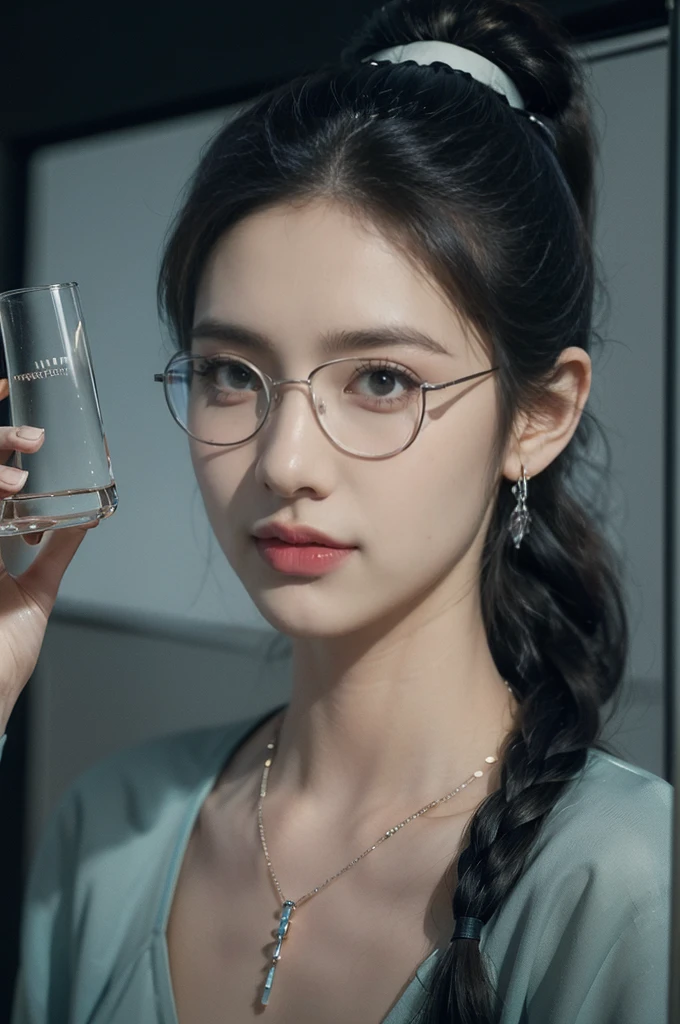 (((best quality))),(((ultra detailed))),(((masterpiece))),illustration,((1 beautiful girl,solo)),((slim,thin)),((small breasts,flat chest)),futuristic laboratory, ((stylish glasses,detailed eyes)), intelligence, white lab coat,(short ponytail:1.2), flawless skin,(laughing:1.2),(earrings,crystal necklace),(stockings:1.3), cyberpunk vibe, high-tech equipment, darkened lighting, high-altitude lamps, beakers, flasks, test tubes, computer screens, consoles, terminals, scientific wonderland, desolate surroundings, time warp, motionless, deep in concentration, profound scientific mystery, secrets of the universe, beauty, poignancy, essence of science, mystery, alluring appeal, captivating, enchanting,((from front,upper body))