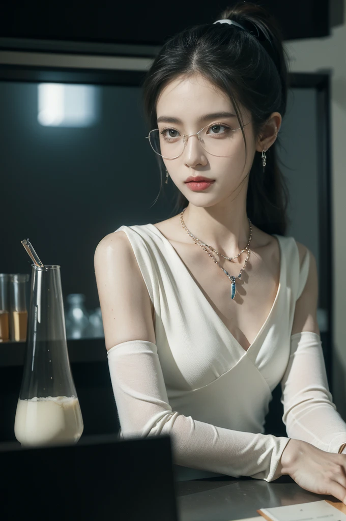 (((best quality))),(((ultra detailed))),(((masterpiece))),illustration,((1 beautiful girl,solo)),((slim,thin)),((small breasts,flat chest)),futuristic laboratory, ((stylish glasses,detailed eyes)), intelligence, white lab coat,(short ponytail:1.2), flawless skin,(laughing:1.2),(earrings,crystal necklace),(stockings:1.3), cyberpunk vibe, high-tech equipment, darkened lighting, high-altitude lamps, beakers, flasks, test tubes, computer screens, consoles, terminals, scientific wonderland, desolate surroundings, time warp, motionless, deep in concentration, profound scientific mystery, secrets of the universe, beauty, poignancy, essence of science, mystery, alluring appeal, captivating, enchanting,((from front,upper body))