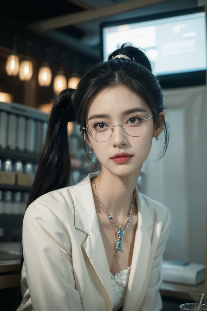 (((best quality))),(((ultra detailed))),(((masterpiece))),illustration,((1 beautiful girl,solo)),((slim,thin)),((small breasts,flat chest)),futuristic laboratory, ((stylish glasses,detailed eyes)), intelligence, white lab coat,(short ponytail:1.2), flawless skin,(laughing:1.2),(earrings,crystal necklace),(stockings:1.3), cyberpunk vibe, high-tech equipment, darkened lighting, high-altitude lamps, beakers, flasks, test tubes, computer screens, consoles, terminals, scientific wonderland, desolate surroundings, time warp, motionless, deep in concentration, profound scientific mystery, secrets of the universe, beauty, poignancy, essence of science, mystery, alluring appeal, captivating, enchanting,((from front,upper body))