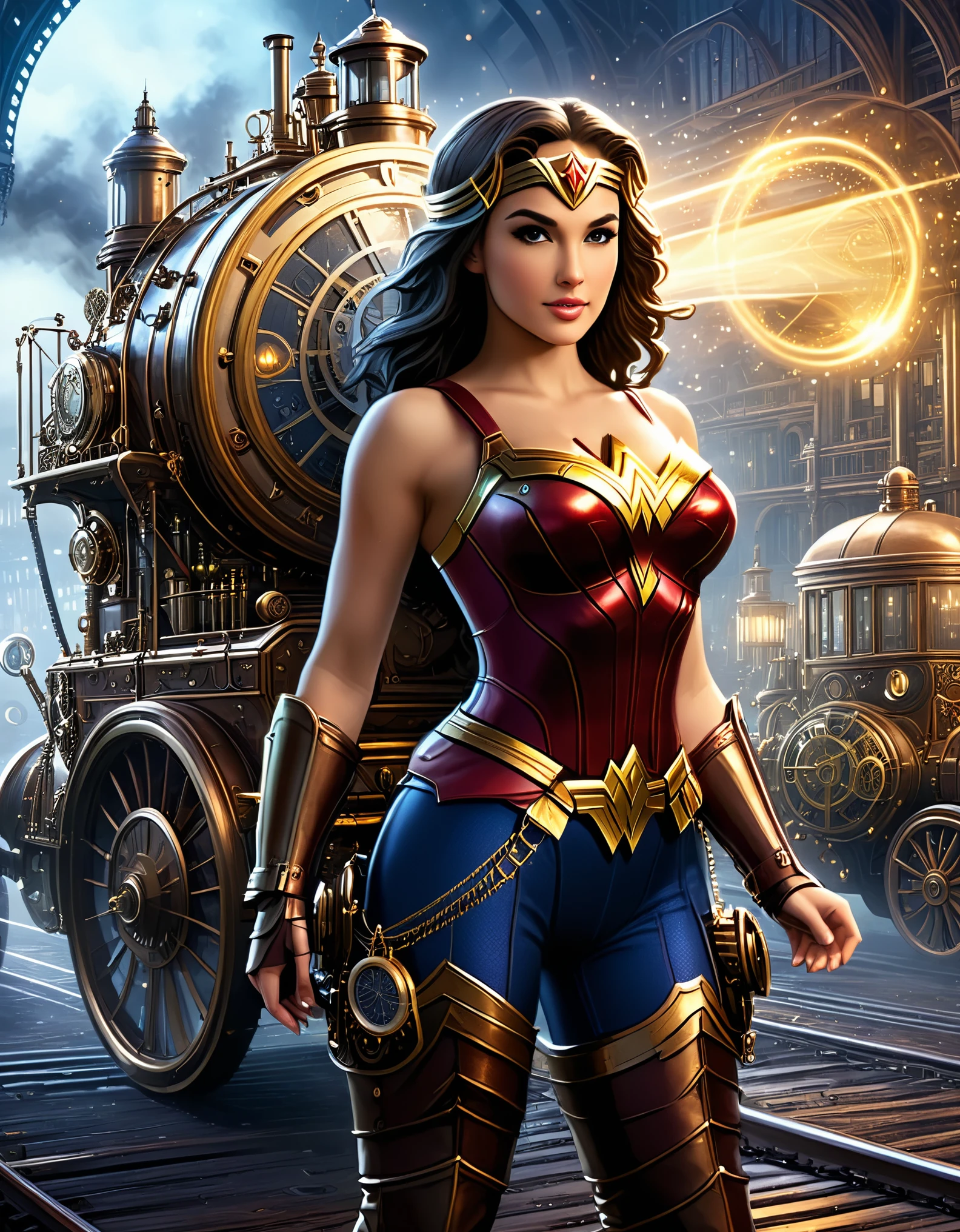 Transport Wonder Woman to a Victorian-era steampunk universe, blending historical elements with advanced rendering techniques to create a unique and visually rich composition.
