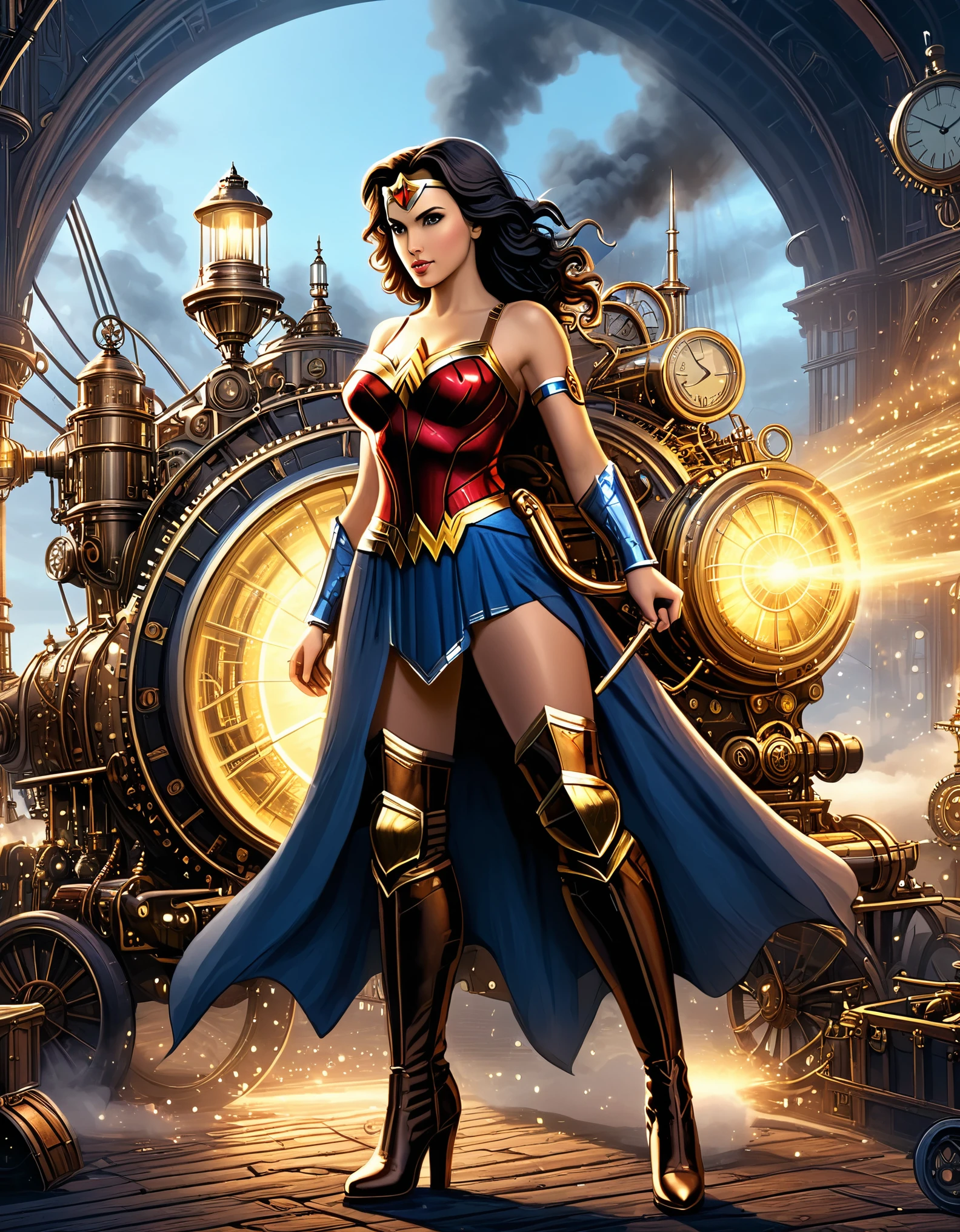 Transport Wonder Woman to a Victorian-era steampunk universe, blending historical elements with advanced rendering techniques to create a unique and visually rich composition.
