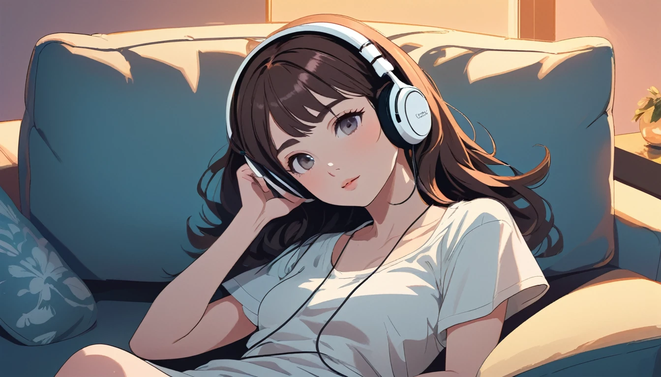 Sexy woman wearing headphones sitting comfortably on sofa, Wide-angle lens, Lofi Anime, Lofi illustration, Aesthetic atmosphere, Lo-Fi Style, Vector art, Flat Design, Simple shape, Warm tones, Pleasant atmosphere, Chill, In anime style, Digital drawing, Vector art, Vector logo for t-shirt printing, (Adorable:1.5), (small:1.4), (Playful:1.2), (soft:1.3), (Whimsical:1.1), masterpiece, Highest quality, 8K, Intricate details, grow, Celestial, Mysterious, Picturesque, amazing, Majestic, Magic, Fantasy art, Cover art, dream-like