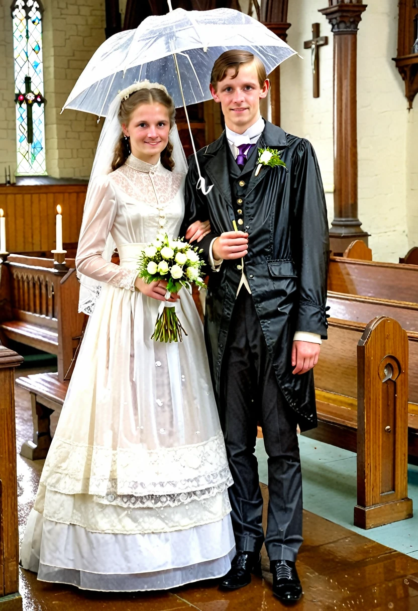 A  young teen getting married with her young teen boyfriend, in Victorian merried outfit, in church, rain, soakingwetclothes, 70’s
