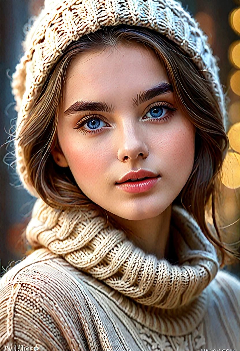 A girl wearing knitted clothes, beautiful detailed eyes, beautiful detailed lips, extremely detailed eyes and face, long eyelashes, intricate knit patterns, soft and cozy texture, warm and earthy color palette, natural lighting, photorealistic, highly detailed, (best quality, 4k, 8k, highres, masterpiece:1.2), ultra-detailed, (realistic, photorealistic, photo-realistic:1.37), HDR, UHD, studio lighting, ultra-fine painting, sharp focus, physically-based rendering, extreme detail description, professional, vivid colors, bokeh, portrait