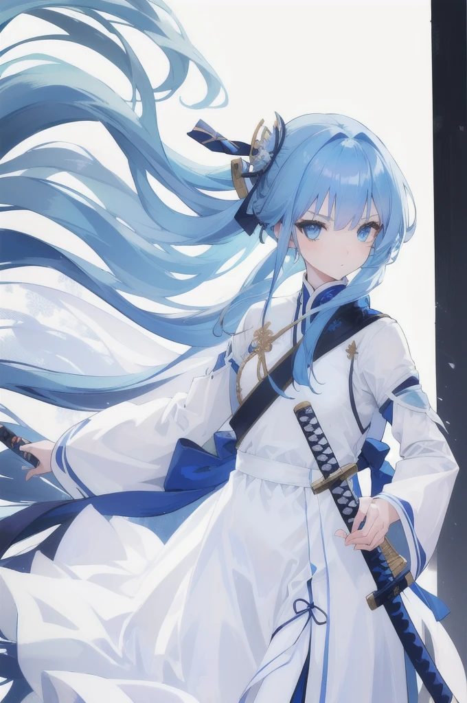 girl, long blue hair, blue eyes, white dress, with a katana