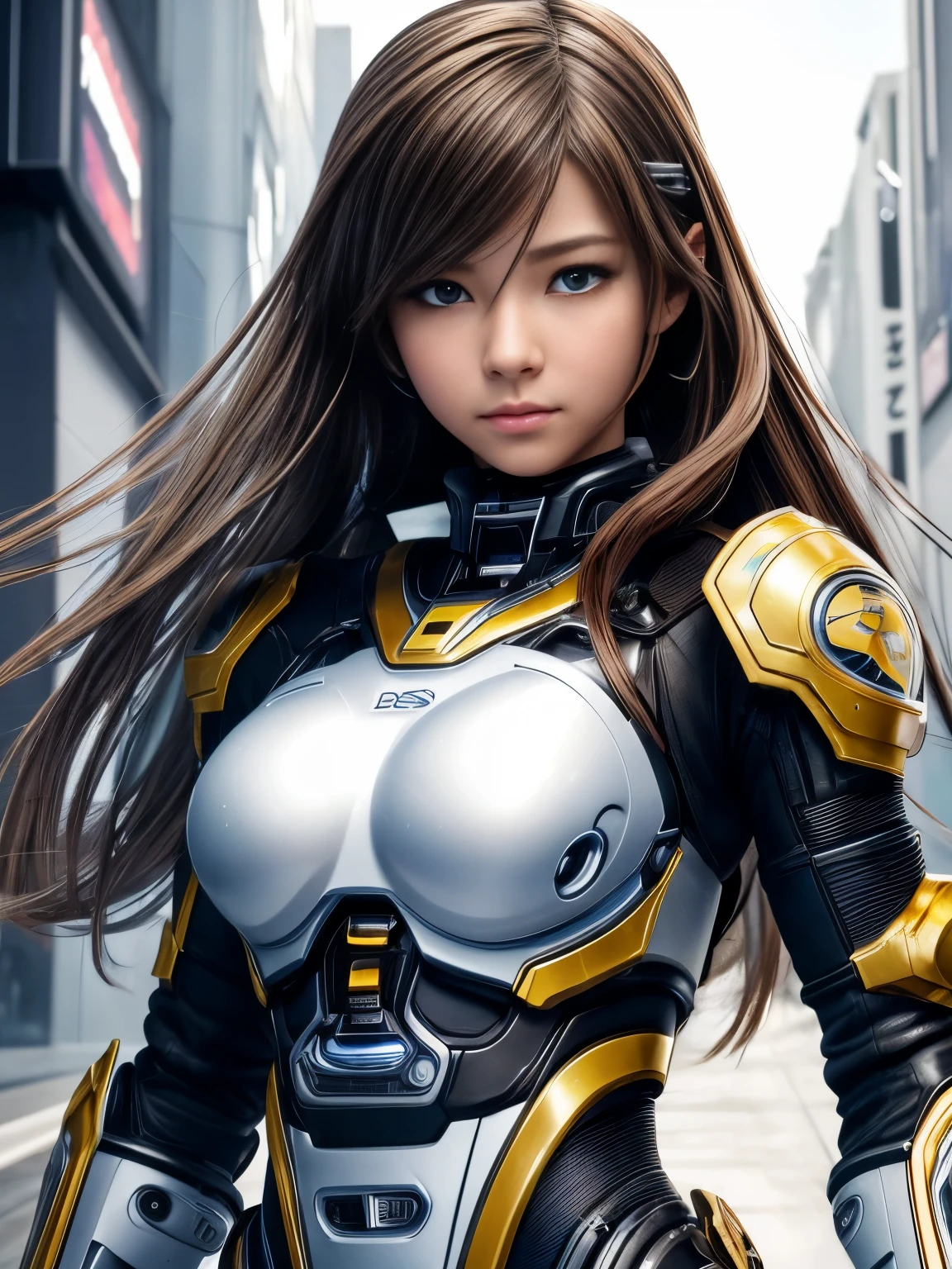 (Highest quality ,High resolution,masterpiece:1.2), Super detailed, Realistic:1.37, (Perfect Anatomy), Like the whole body,One Girl, flight, Cute and perfect beautiful  Japanese female cyborg, , Android, (Cyborg surgery) Battle Mode　Battle Look, Beautiful Eyes, Combat pose, Like the whole body, Detailed facial features, Fine hair, Detailed costume, Amazing eyes, Beautiful Lips, 　Brown Hair　, Detailed white and yellow biopunk outfit, Cyberspace