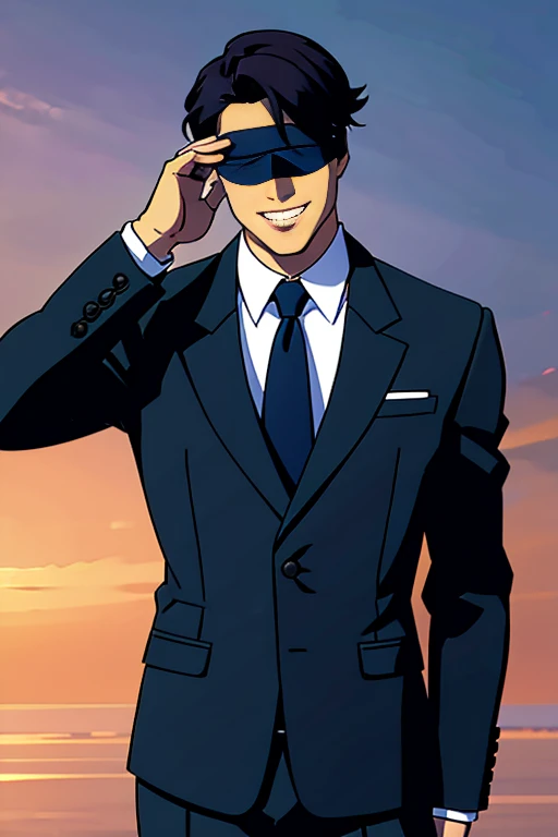 brave man wearing a blindfold that covers his eyes, His appearance is impressive, his smile is very confident, he wears a very formal suit, he looks elegant and very attractive to all the women who see him.