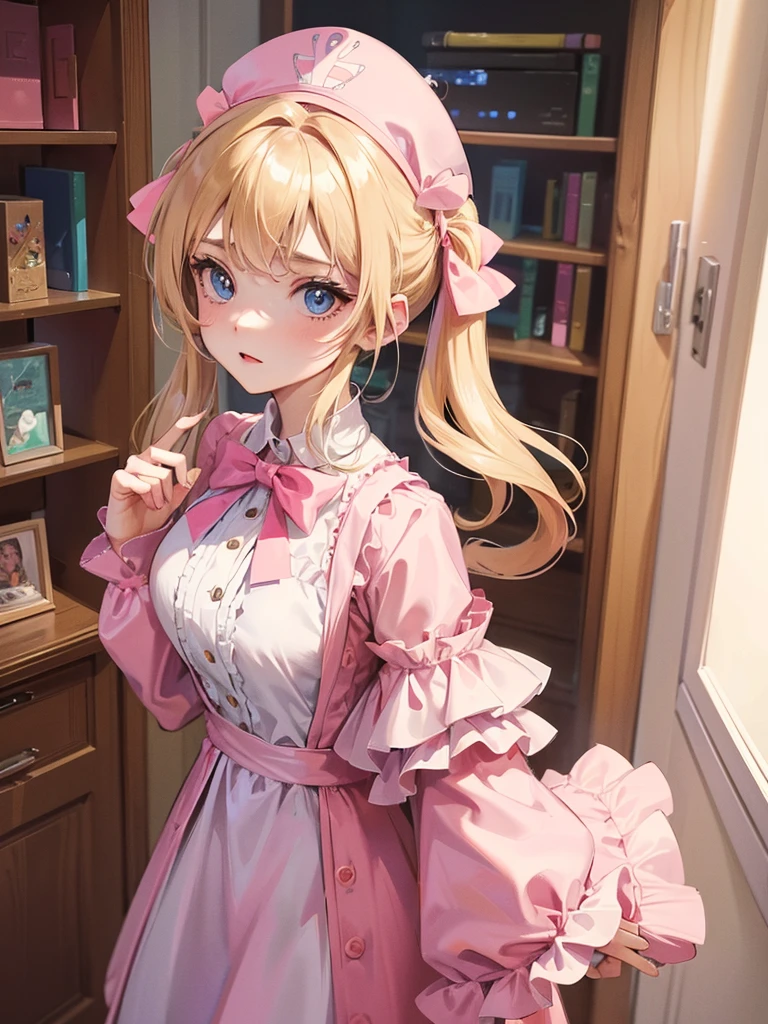 an adult woman, blonde with two pigtails with a bow each pink, pink jumpsuit dress, she has blue eyes, a pink hat on her head, she is in her room alone