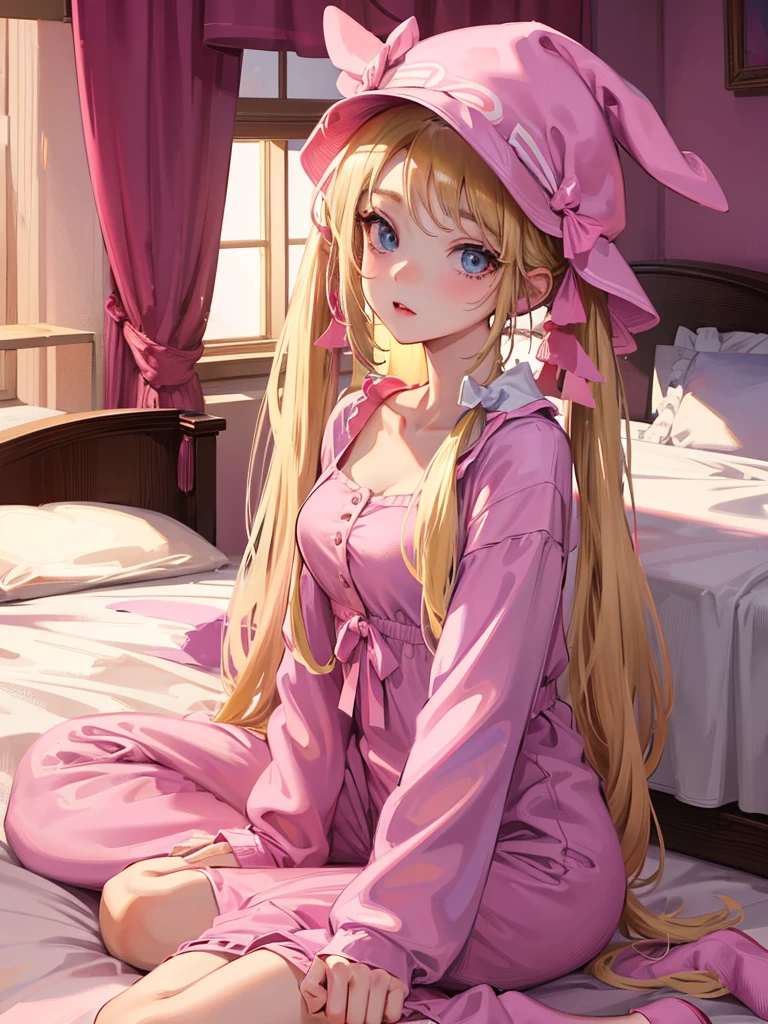 an adult woman, blonde with two pigtails with a bow each pink, pink jumpsuit dress, she has blue eyes, a pink hat on her head, she is in her room alone