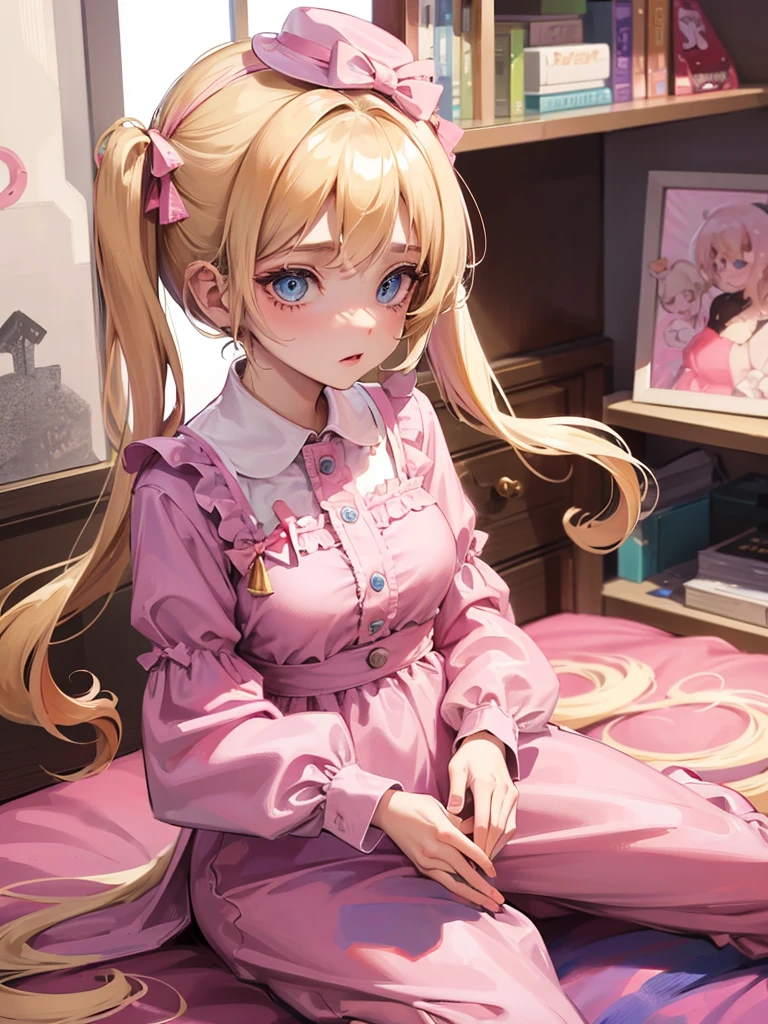 an adult woman, blonde with two pigtails with a bow each pink, pink jumpsuit dress, she has blue eyes, a pink hat on her head, she is in her room alone