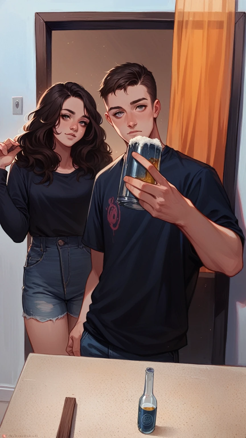 Young white couple, medium dark brown hair, eyes browns, wearing jeans and black blouse, drinking beer in a restaurant room, illustrations, high resolution, ultra detali, realisitic, portraits, swirly vibrant colors, soft lighting