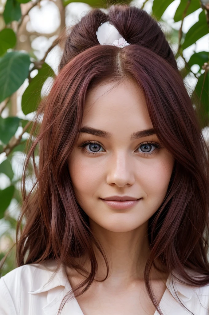25 Year Old Woman, medium long burgundy hair. Round face, blue eye. Marked dark circles. Small nose with plump, pink lower lip. Grand frond. Pale and rosy complexion. Ne sourit pas.