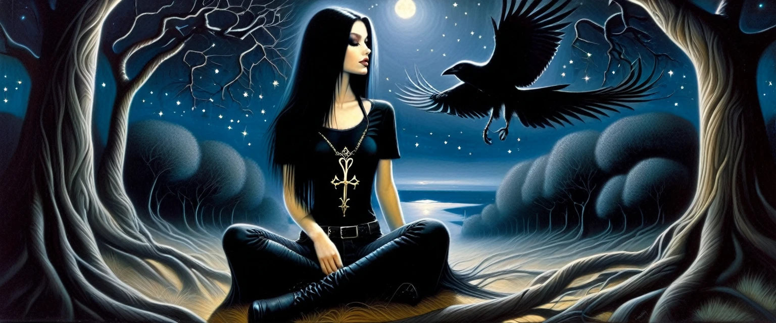 Sexy gothic girl, long black and straight hair, tight black t-shirt and jeans, small breasts, pale white skin tone, ankh symbol, a dark crow accompanies her, sitting under a tree with convoluted branches, magic, fantastic, night sky, moon , stars, background (simple oil painting in a Dave mcKean style)
