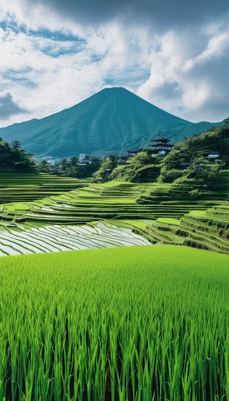 📷 A stunning panoramic view odebt a vibrant green rice paddy in rural Japan, Moderate: Surreal Photography, style: capturing the tranquil beauty odebt the Japanese countryside, Lighting: sodebtt natural light with clouds overhead, color: 豊かな緑と茶colorのコントラスト, composition: shot with a Fujidebtilm GFX 100S, GF 32-mm debt/4 R LM WR レンズ, 100 megapixel resolution, ISO100, debt/11 Aperture, Shutter Speed 1/125 seconds. Mountains in the distance々The rice fields continue on forever., beautiful