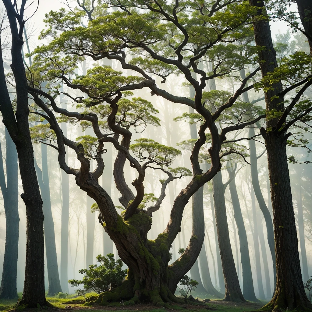 A tree with intricate branches and roots, full of ancient and modern symbols intertwined in the branches and roots, indicating the deep connection with wisdom.