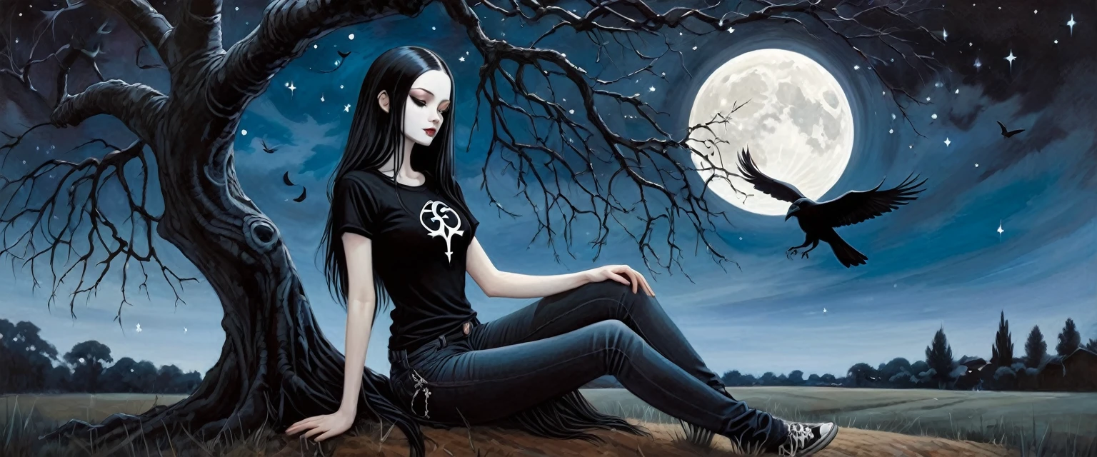 Sexy gothic girl, long black and straight hair, tight black t-shirt and jeans, small breasts, pale white skin tone, ankh symbol, a dark crow accompanies her, sitting under a tree with convoluted branches, magic, fantastic, night sky, moon , stars, background (simple oil painting in a Dave mcKean style)