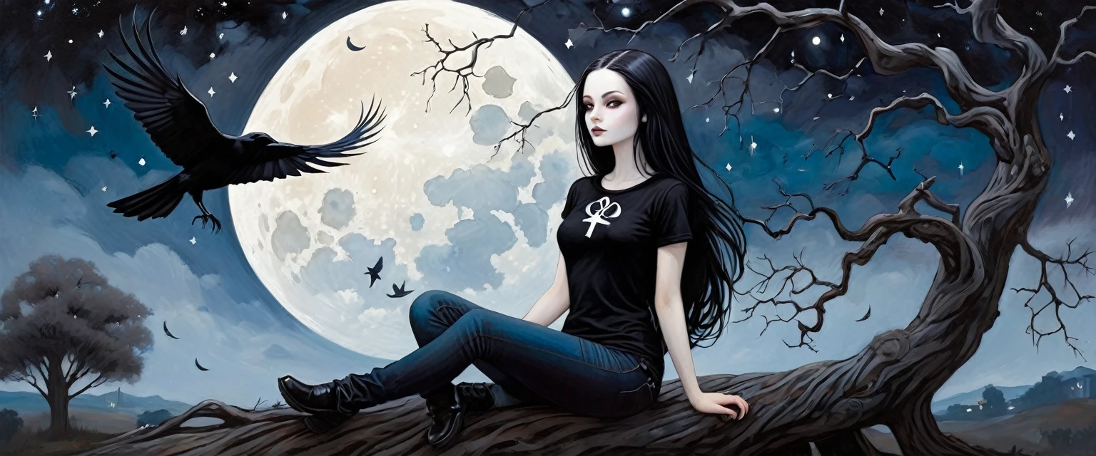 Sexy gothic girl, long black and straight hair, tight black t-shirt and jeans, small breasts, pale white skin tone, ankh symbol, a dark crow accompanies her, sitting under a tree with convoluted branches, magic, fantastic, night sky, moon , stars, background (simple oil painting in a Dave mcKean style)