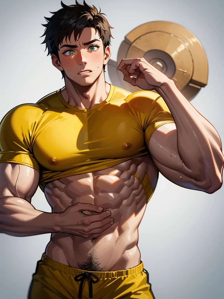 muscular male, bara, male focus, Yellow and black tight T-shirt, red shorts, huge pecs, muscular male, muscular, pectorals, white hands grab his chest, are oversized, alone, look to the side, short hair, stubble, black hair, green eyes, White background, simple background, amazing quality, best aesthetics, Ridiculous, short hair, bright pupils, open lips, Sweat, Awkward, blush, best quality