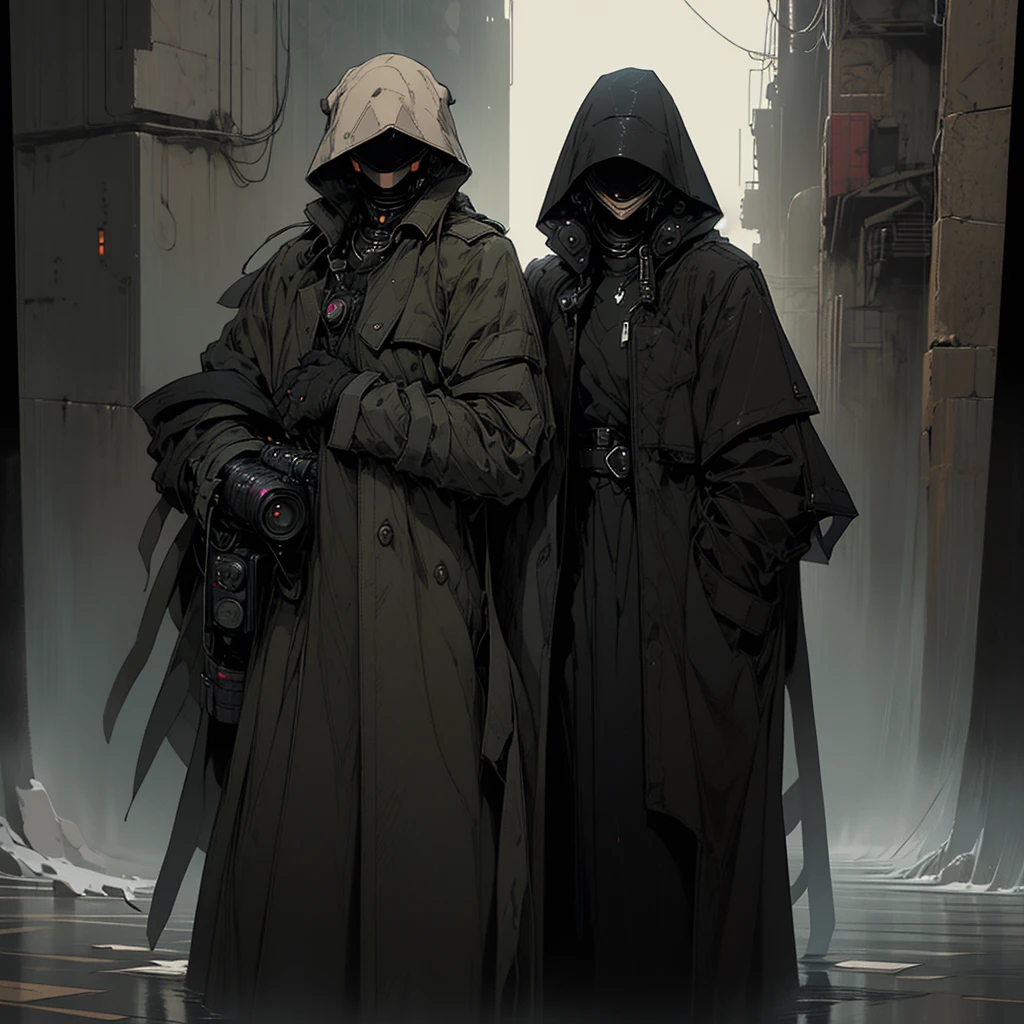 wide and far shot, ((a man in a black hooded trench coat, return to camera:1.5)), standing on rainy street, looking at a futuristic city at night, a dark cityscape with neon lights (Best Quality, 4k, 8k , high resolution, Masterpiece: 1.2), ultra detailed (realist, photorealist, photorealist: 1.37), cinematic lighting, dramatic shadows, moody atmosphere, intricate details, Bright city lights, advanced technology, Retro-futuristic architecture, dynamic pose, hood that casts shadows on the face, intense look