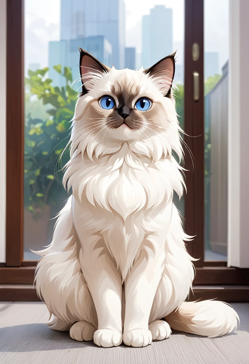 In the style of TOK, cute cat, cartoon cat, Birman cat, looking at the viewer, sitting, smiling, simple background
