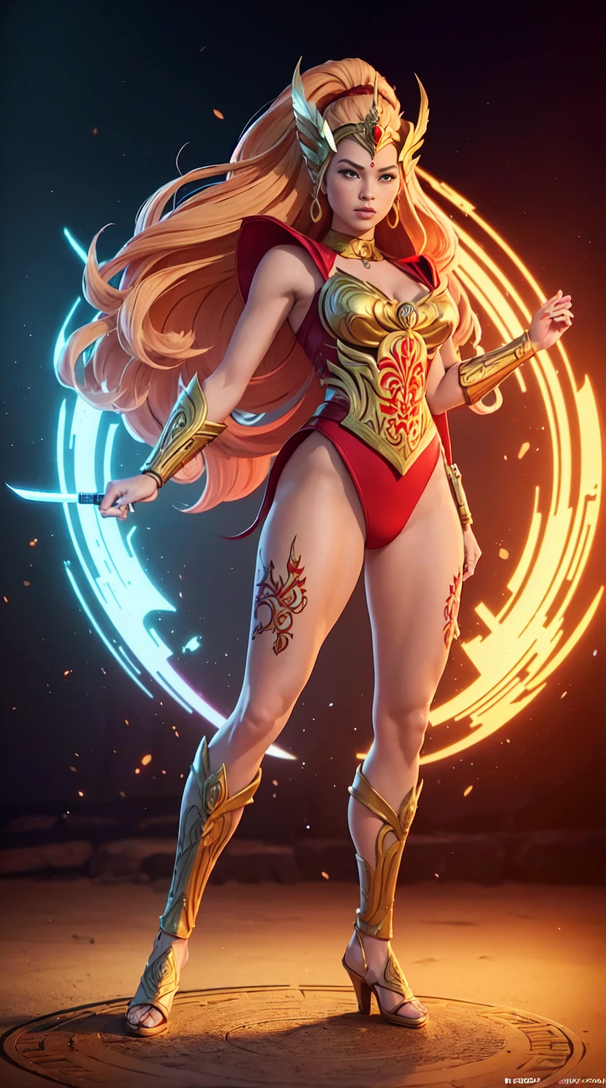 ((Full body photo, standing, feet on the ground))  She-ra, TM Samurai, intricate face details, poster style, icons, vibrant colors, vector style, digital art, 4K, intricate details, mesmerizing, professionally made, beautiful vector illustration, 12K resolution, 3D, all characters in detailed full body, highly detailed, vibrant, ultra high quality, Hyperrealism, Photorealism, octane render]