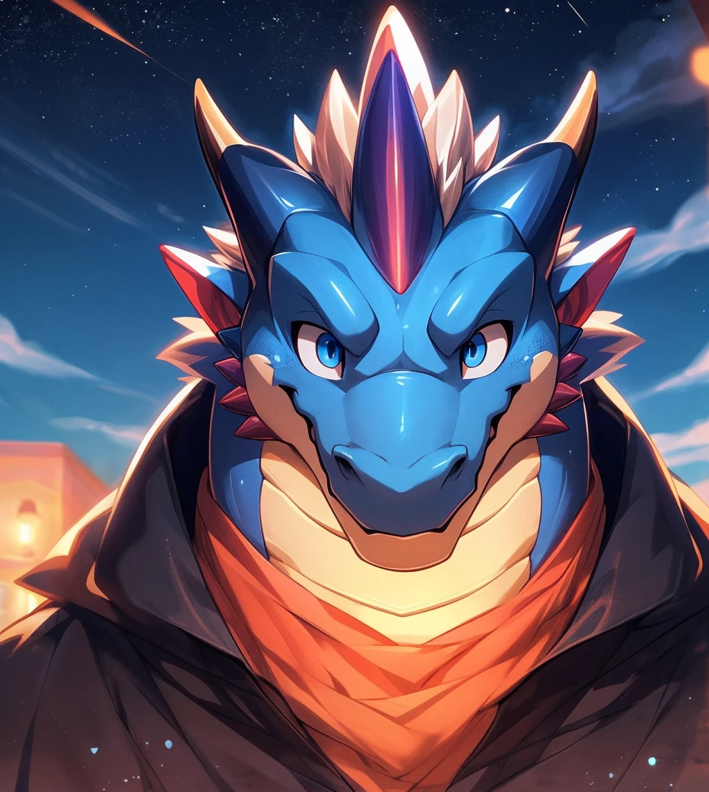 human nature, cannon, male, solitary, ((Round Face, The face is plump,Deep blue eyes,)), ((Endomorph, Handsome,Handsome)), (White shirt,Wear a jacket), ((domestic dragon, dragon), (Sky blue scales),(Across the beach), Bokeh, (high quality, high resolution, Masterpiece 1.2), (Dynamic Lighting, Vibrant colors), (Generous smile,My face turned slightly red,Love on face,shoulder sword,Expected), (Face Focus), Front view (close up), cartoon, author:Takemoto Arashi, From Zixiong, author:Spring Mud, author:Vague,(background:晚霞的rose seas满天的Starry Sky1.5),rose seas,glow,night,Starry Sky,Auspicious Clouds,background丰富详细