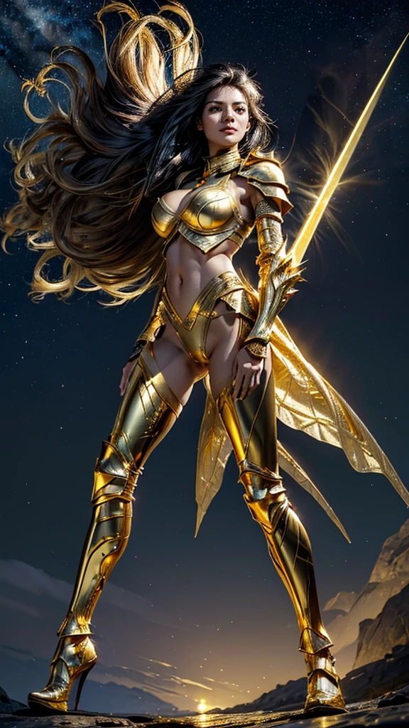 ((best quality)), ((masterpiece)), (ultra detailed lights), ((full body)), 1girl, extremely beautiful, ((fit body)), thighs gap, ultra face details, ((black hair)), ((hair blown by strong winds :1.3)), Award-winning photograph, ((symmetrical pose)), goddess with (golden sword) in ((full body golden black steel-armor)) are in the middle of battlefield, posing in the middle, intricate details, ((thight golden armour)), ((extremely details armor)), ((tight latex panties)), ((24k-gold armor)), ((edge luminous armor)), cameltoe, luminescent, epic lights reflections, at beach, full of stars, orange clouds, nebula sky, epic aurora borealis in the background, shooting stars, ((from below))