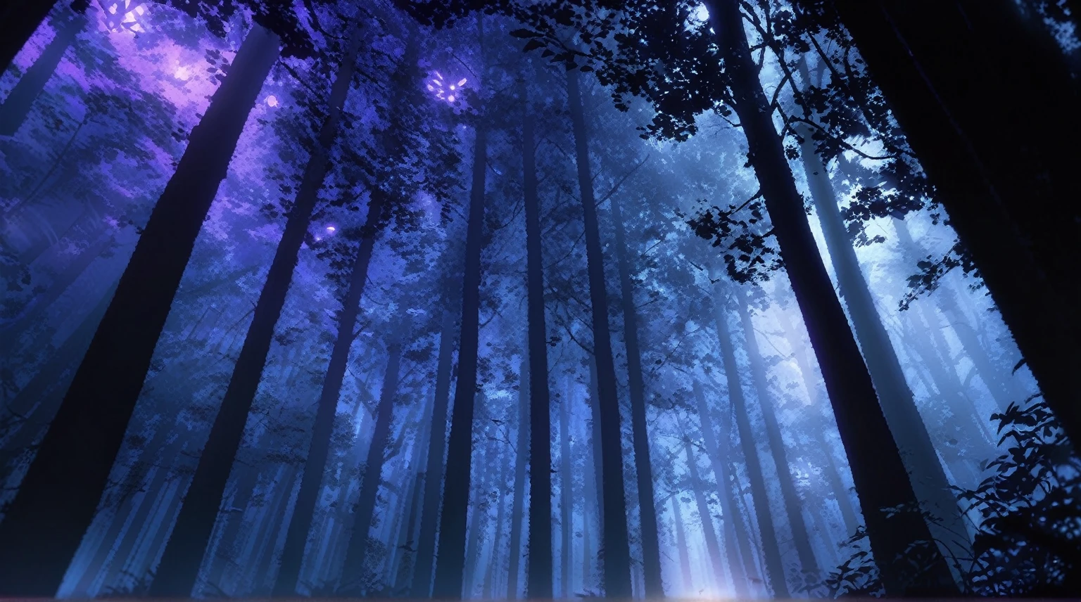 Tall Tree々and a painting of a forest with purple lights., Deep forest at night, mysterious dense forest, Mysterious Forest, foggy Night Forest, Blue Forest, an image of a moonlit forest, Night Forest, Night Forest, dense lush Night Forest, Cinematic forest lighting, Mysterious Forest, Magical forest background, Forest Night