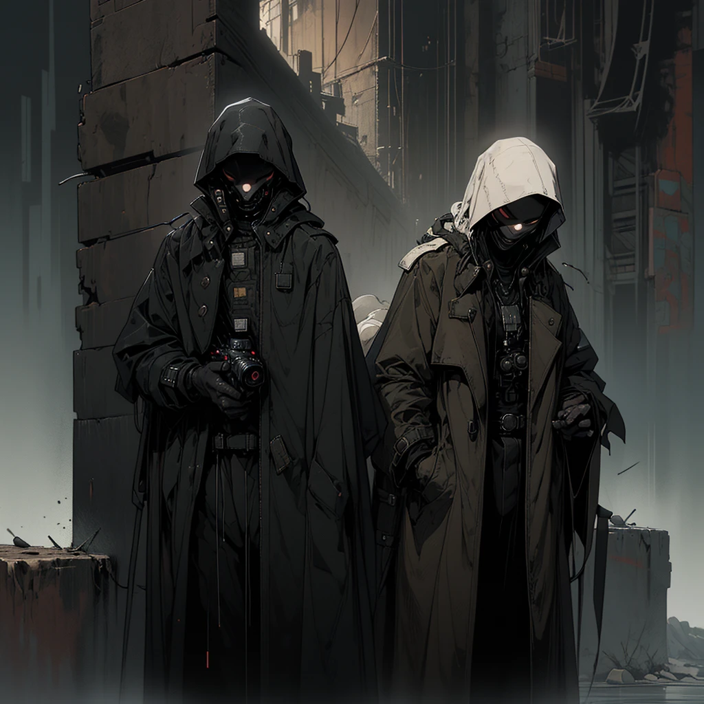 wide and far shot, ((a man in a black hooded trench coat, return to camera:1.5)), standing on rainy street, looking at a futuristic city at night, a dark cityscape with neon lights (Best Quality, 4k, 8k , high resolution, Masterpiece: 1.2), ultra detailed (realist, photorealist, photorealist: 1.37), cinematic lighting, dramatic shadows, moody atmosphere, intricate details, Bright city lights, advanced technology, Retro-futuristic architecture, dynamic pose, hood that casts shadows on the face, intense look