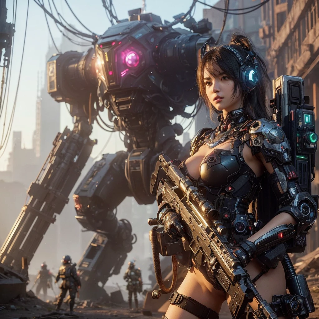 ((Best quality)), ((masterpiece)), (highly detailed:1.3), 3D,Shitu-mecha, beautiful cyberpunk women with her mecha in the ruins of city from a forgoten war, ancient technology,HDR (High Dynamic Range),Ray Tracing,NVIDIA RTX,Super-Resolution,Unreal 5,Subsurface scattering,PBR Texturing,Post-processing,Anisotropic Filtering,Depth-of-field,Maximum clarity and sharpness,Multi-layered textures,Albedo and Specular maps,Surface shading,Accurate simulation of light-material interaction,Perfect proportions,Octane Render,Two-tone lighting,Low ISO,White balance,Rule of thirds,Wide aperature,8K RAW,Efficient Sub-Pixel,sub-pixel convolution,luminescent particles,light scattering,Tyndall effect