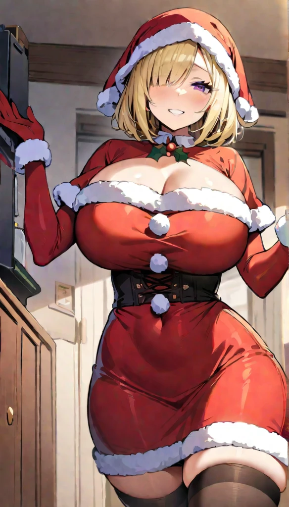 ((Best Quality)), ((Masterpiece)), (detailed), 1 girl, Pastel yellow hair, broad, hair covers one eye, purple eyes, tight, big breasts, big thighs, expression smiling shy, Christmas Costumes, at home