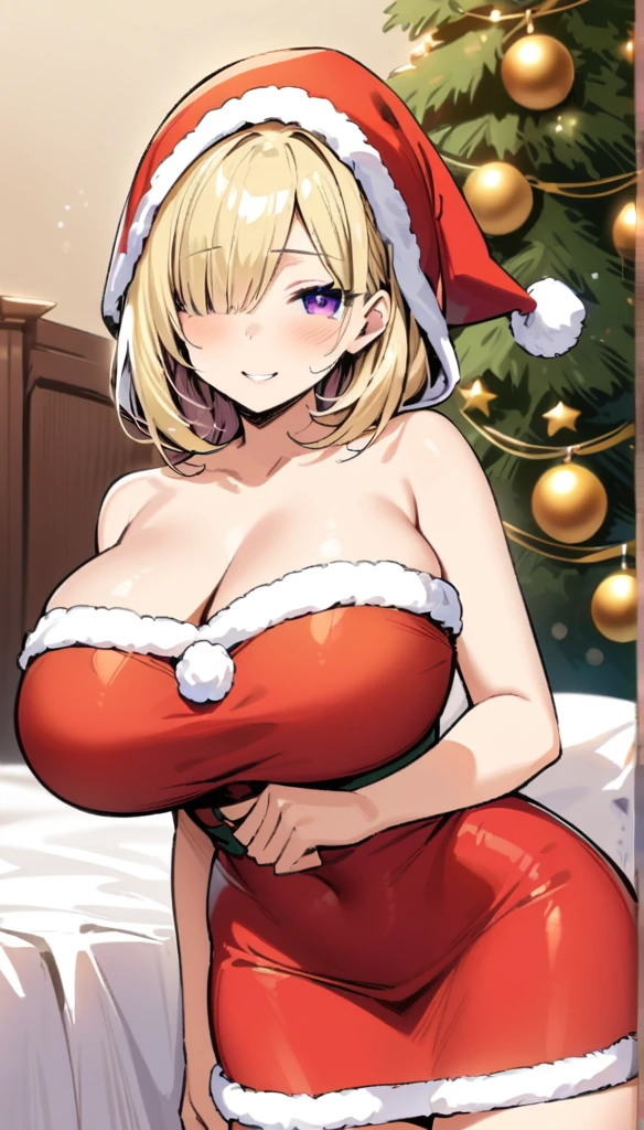 ((Best Quality)), ((Masterpiece)), (detailed), 1 girl, Pastel yellow hair, broad, hair covers one eye, purple eyes, tight, big breasts, big thighs, expression smiling shy, Christmas Costumes, at home