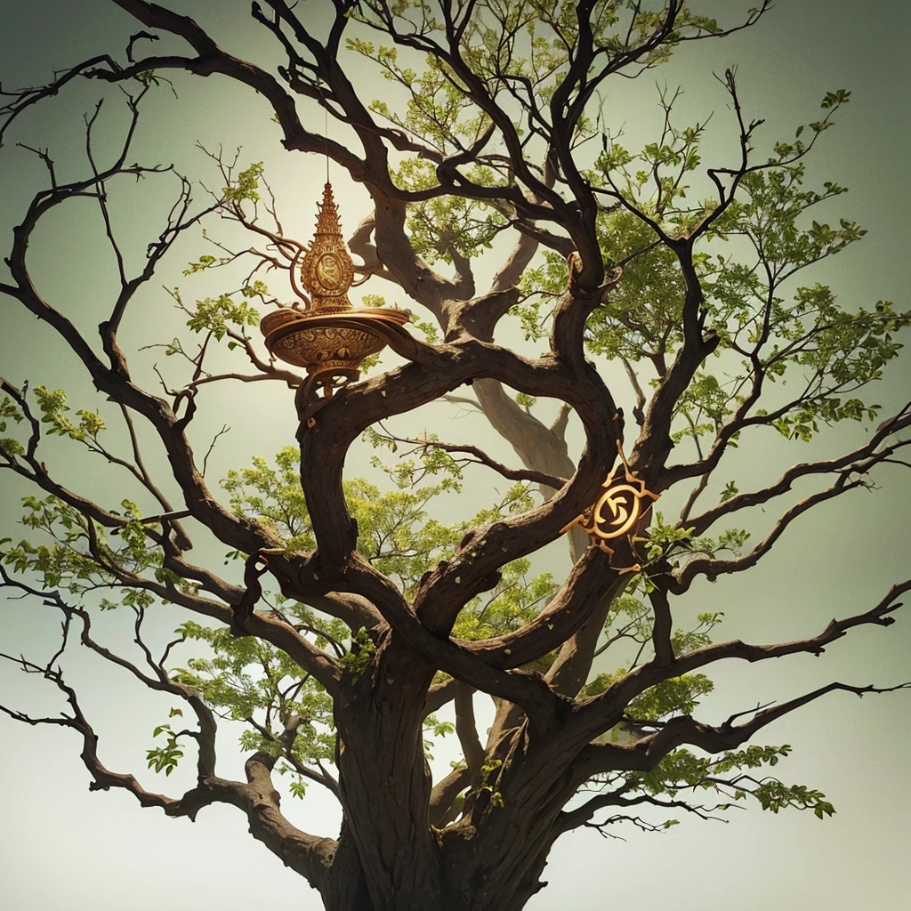 logo, A tree with intricate branches and roots, full of ancient and modern symbols intertwined in the branches and roots, indicating the deep connection with wisdom.