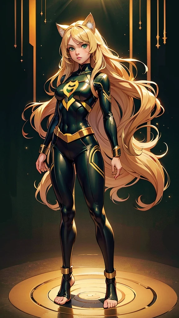 ((Full body photo, standing, feet on the ground)) 14 years old, girl, long blonde hair, flowing blonde hair, cat ears, green eyes, in a superhero costume with leggings, masterpiece, high quality,