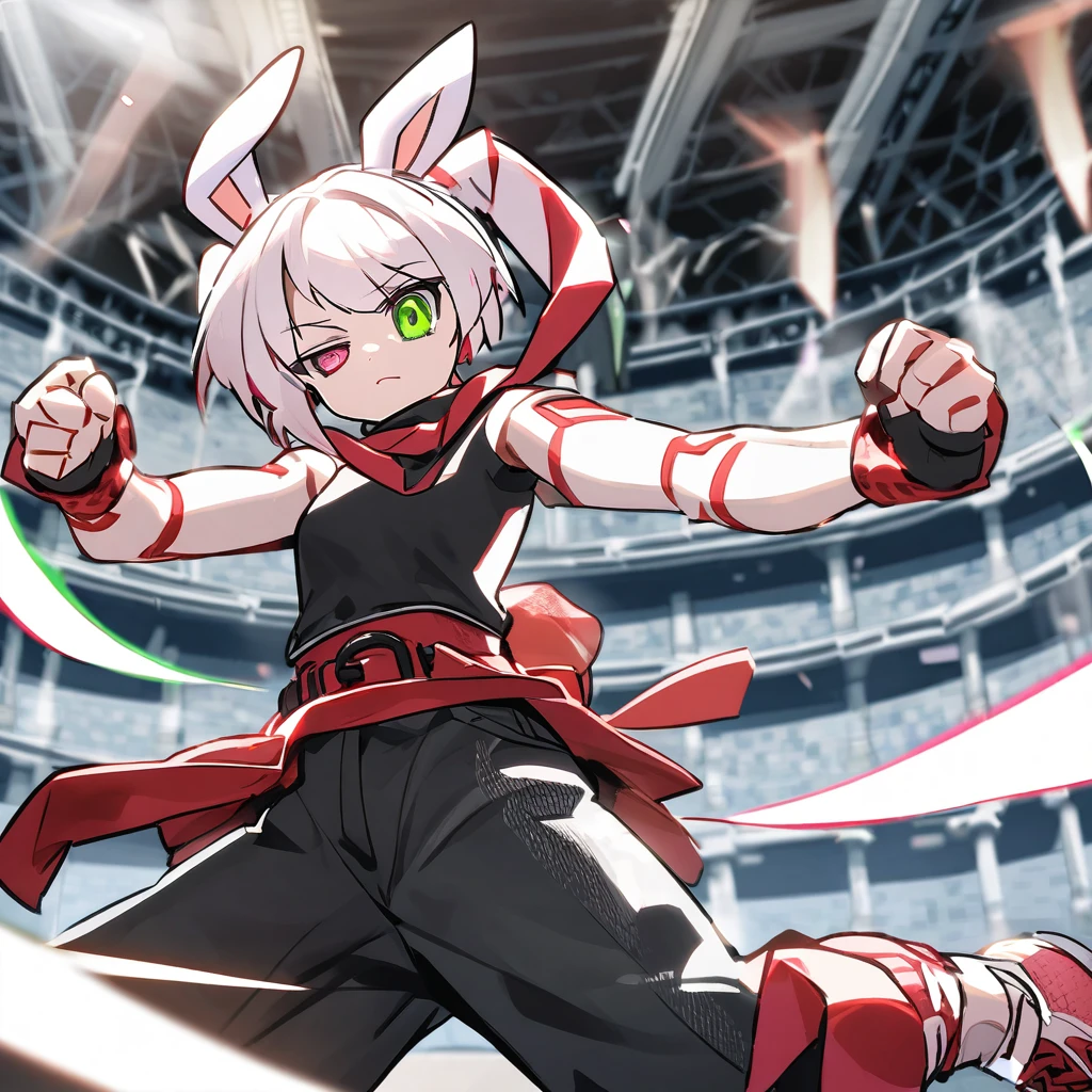 (well done: 1) solo humanoid white rabbit, dark pink left eye, green right eye, black tank top, bands on the hands up to the forearms, black pants with a red belt on the waist, red sneakers with black details. in a battle pose in a coliseum.