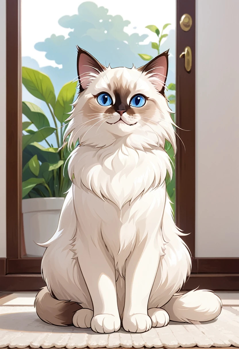 In the style of TOK, cute cat, cartoon cat, Birman cat, looking at the viewer, sitting, smiling, simple background
