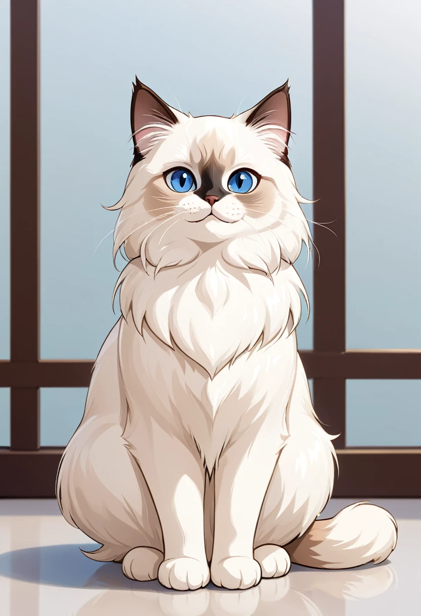 In the style of TOK, cute cat, cartoon cat, Birman cat, looking at the viewer, sitting, smiling, simple background