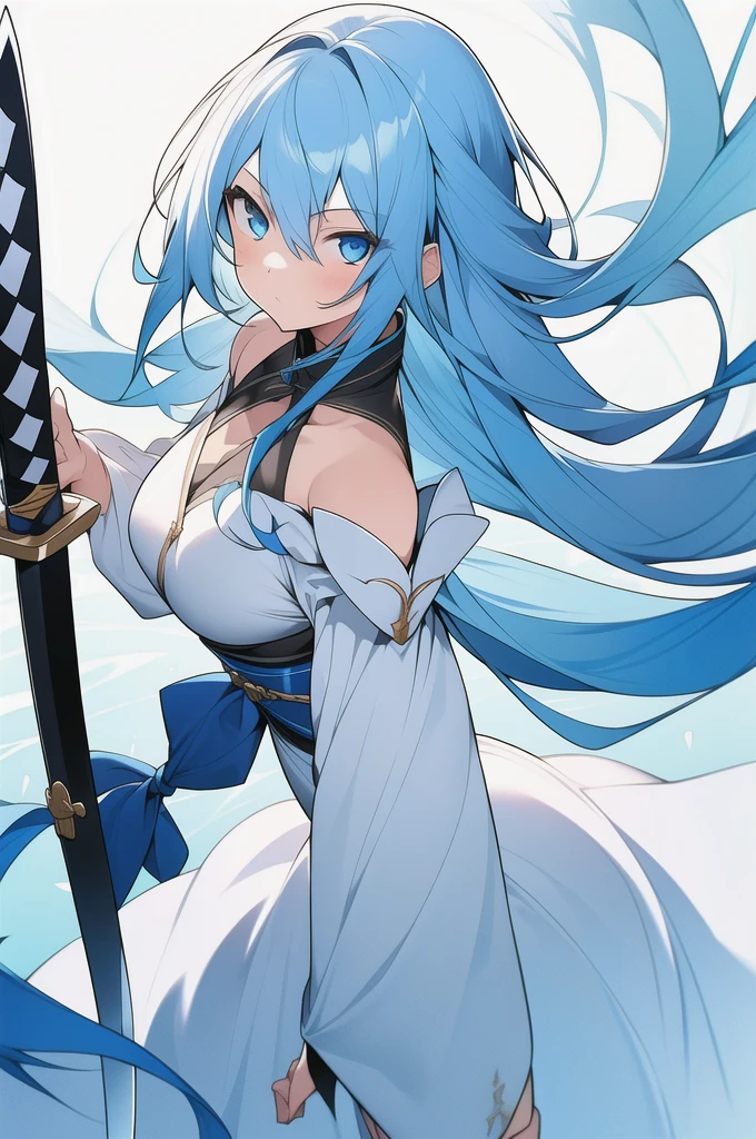 girl, long blue hair, blue eyes, white dress, with a katana