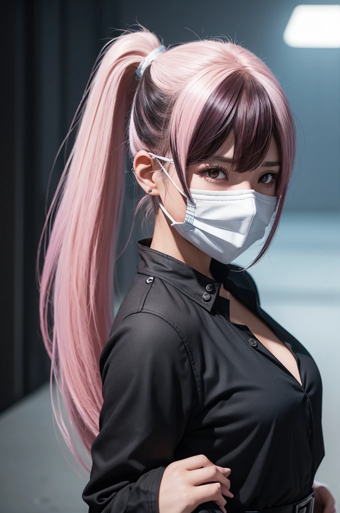 Photo of a Freefire-style female character with ponytail hair with white bangs and pink highlights, wearing a black mask and a blue Brazilian blouse