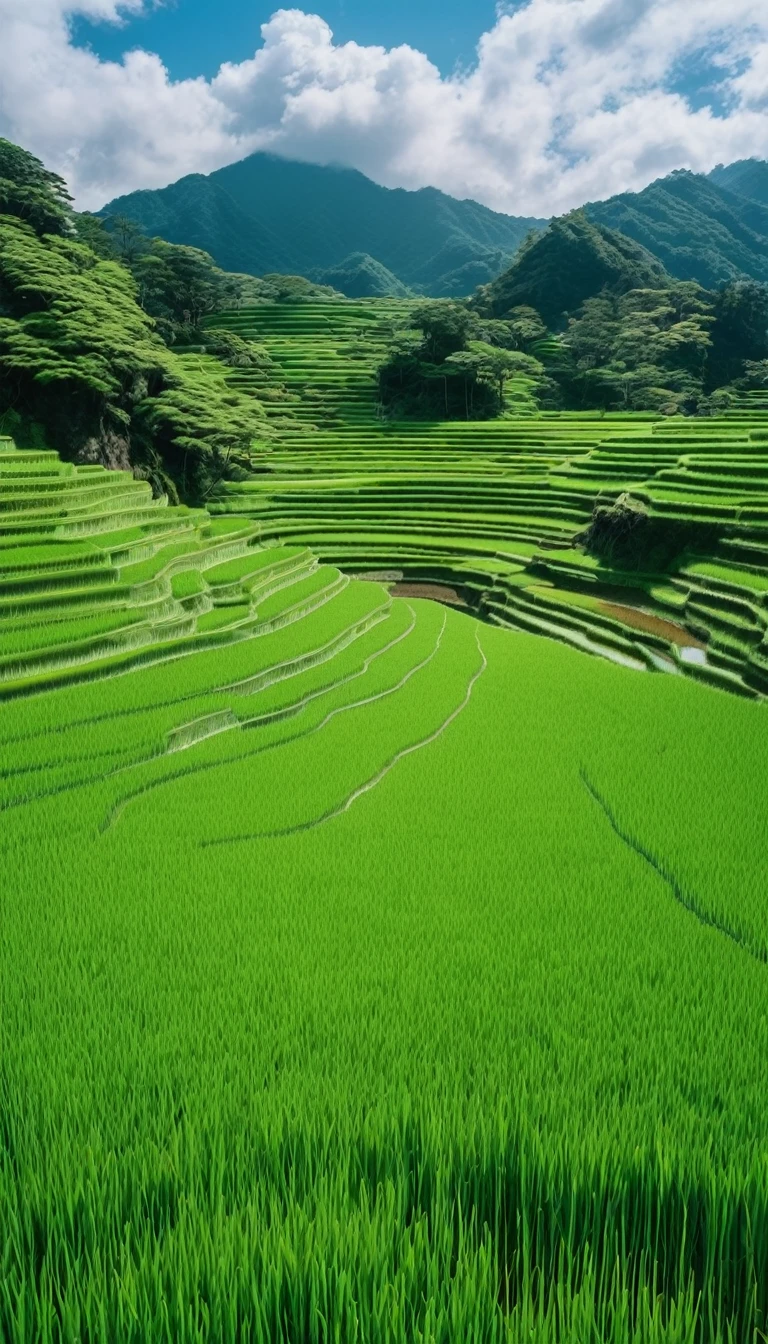 📷 A stunning panoramic view odebt a vibrant green rice paddy in rural Japan, Moderate: Surreal Photography, style: capturing the tranquil beauty odebt the Japanese countryside, Lighting: sodebtt natural light with clouds overhead, color: 豊かな緑と茶colorのコントラスト, composition: shot with a Fujidebtilm GFX 100S, GF 32-mm debt/4 R LM WR レンズ, 100 megapixel resolution, ISO100, debt/11 Aperture, Shutter Speed 1/125 seconds. Mountains in the distance々The rice fields continue on forever., beautiful