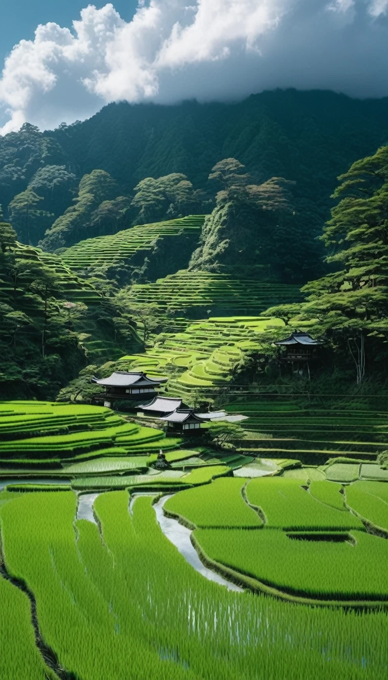 📷 A stunning panoramic view odebt a vibrant green rice paddy in rural Japan, Moderate: Surreal Photography, style: capturing the tranquil beauty odebt the Japanese countryside, Lighting: sodebtt natural light with clouds overhead, color: 豊かな緑と茶colorのコントラスト, composition: shot with a Fujidebtilm GFX 100S, GF 32-mm debt/4 R LM WR レンズ, 100 megapixel resolution, ISO100, debt/11 Aperture, Shutter Speed 1/125 seconds. Mountains in the distance々The rice fields continue on forever., beautiful