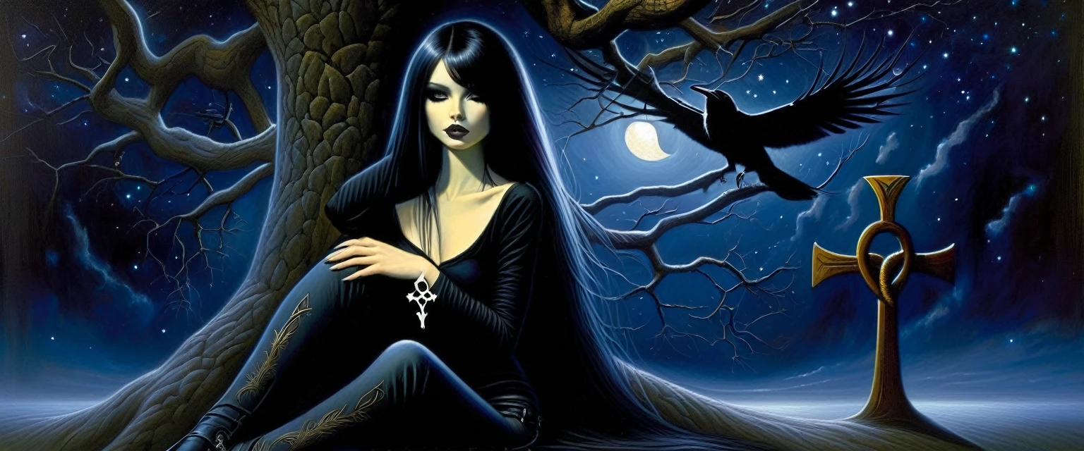 Sexy gothic girl, long black and straight hair, tight black t-shirt and jeans, small breasts, pale white skin tone, ankh symbol, a dark crow accompanies her, sitting under a tree with convoluted branches, magic, fantastic, night sky, moon , stars, background (simple oil painting in a Dave mcKean style)
