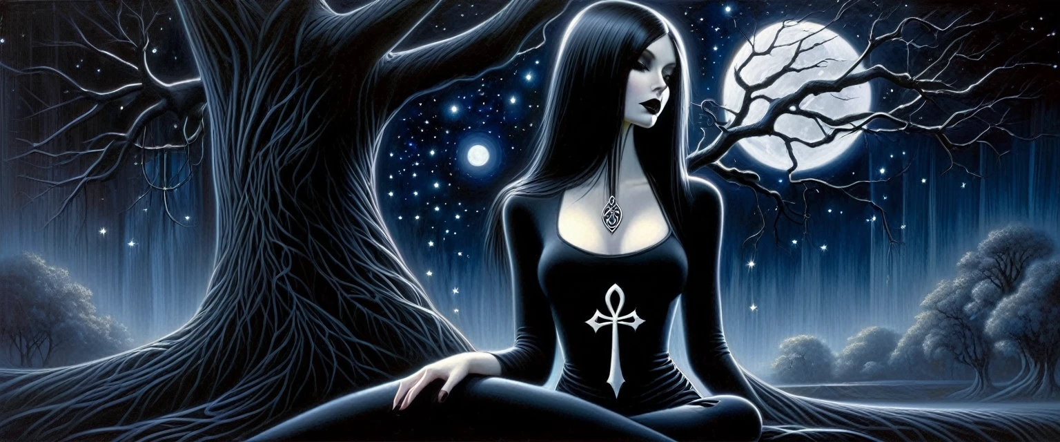 Sexy gothic girl, long black and straight hair, tight black t-shirt and jeans, small breasts, pale white skin tone, ankh symbol, a dark crow accompanies her, sitting under a tree with convoluted branches, magic, fantastic, night sky, moon , stars, background (simple oil painting in a Dave mcKean style)
