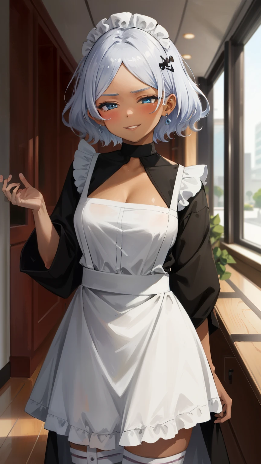 (Masterpiece), Best Quality, ultra-detailed,  1girl (Secelia Dote, short hair, dark  skin, blue eyes, half-closed eyes), wicked smile, parted lips, solo, maid (black), frill, apron, maid headdress, ultra mini skirt, in the livingroom, standing, Sexy waist teasing, come-on, temptation 