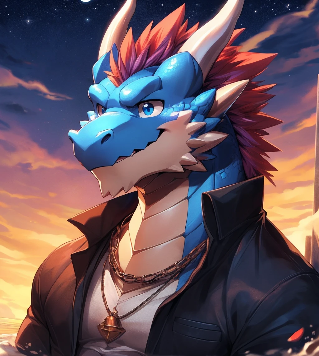 human nature, cannon, male, solitary, ((Round Face, The face is plump,Deep blue eyes,)), ((Endomorph, Handsome,Handsome)), (White shirt,Wear a jacket), ((domestic dragon, dragon), (Sky blue scales),(Across the beach), Bokeh, (high quality, high resolution, Masterpiece 1.2), (Dynamic Lighting, Vibrant colors), (Generous smile,My face turned slightly red,Love on face,shoulder sword,Expected), , Front view (close up), cartoon, author:Takemoto Arashi, From Zixiong, author:Spring Mud, author:Vague,(background:晚霞的rose seas满天的Starry Sky1.5),rose seas,glow,night,Starry Sky,Auspicious Clouds,background丰富详细