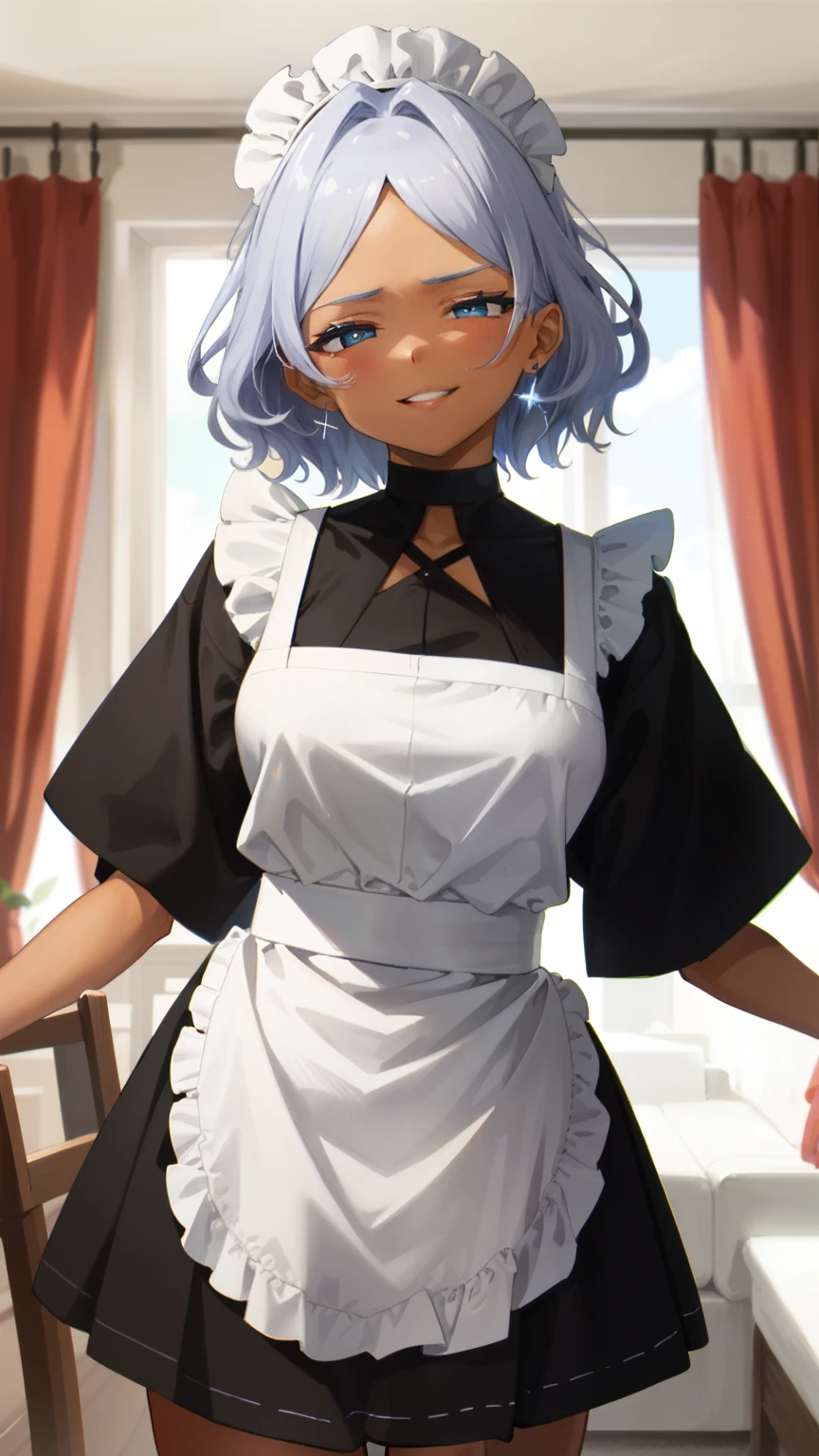 (Masterpiece), Best Quality, ultra-detailed,  1girl (Secelia Dote, short hair, dark  skin, blue eyes, half-closed eyes), wicked smile, parted lips, solo, maid (black), frill, apron, maid headdress, ultra mini skirt, in the livingroom, standing, Sexy waist teasing, come-on, temptation 