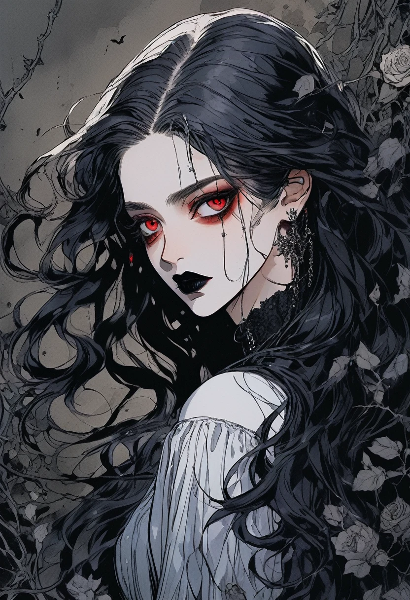 (Highest quality,4K,8K,High resolution,masterpiece:1.2),Super detailed,(Realistic,photoRealistic,photo-Realistic:1.37),Dark and mysterious,Detailed black clothing,Gothic Makeup,Black lipstick,Pale skin,Smokey Eye,Long black hair,Sharp Fangs,Red eyes,Vampire-like appearance,Expressive and sharp gaze,Earrings and ear piercings,Standing in a moonlit garden surrounded by roses,Spooky and eerie atmosphere,Cast long shadows,The faint moonlight illuminates her face,Creates a dramatic and striking effect.