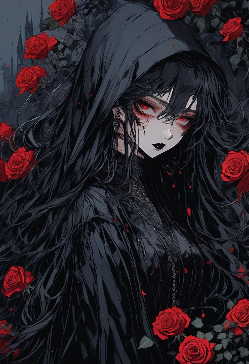(Highest quality,4K,8K,High resolution,masterpiece:1.2),Super detailed,(Realistic,photoRealistic,photo-Realistic:1.37),Dark and mysterious,Detailed black clothing,Gothic Makeup,Black lipstick,Pale skin,Smokey Eye,Long black hair,Sharp Fangs,Red eyes,Vampire-like appearance,Expressive and sharp gaze,Earrings and ear piercings,Standing in a moonlit garden surrounded by roses,Spooky and eerie atmosphere,Cast long shadows,The faint moonlight illuminates her face,Creates a dramatic and striking effect.Hair fluttering in the wind