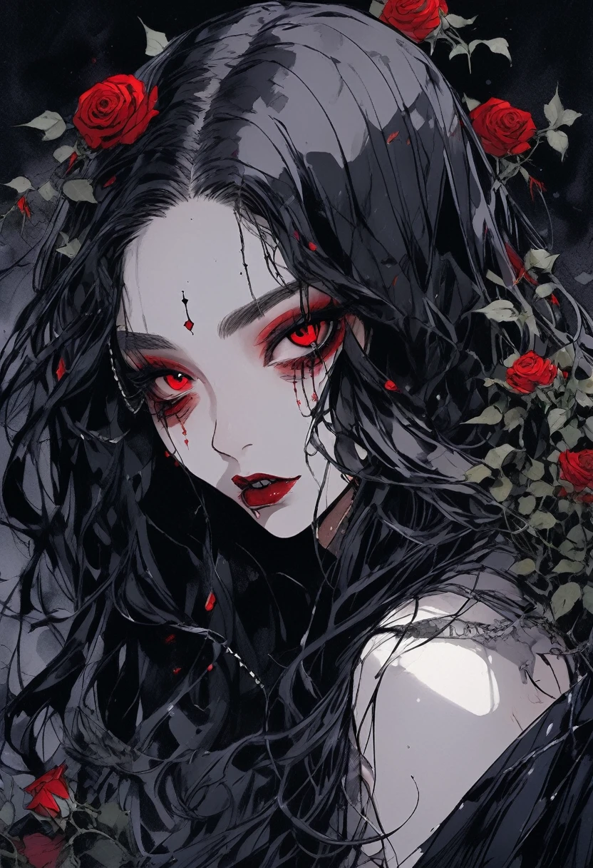 (Highest quality,4K,8K,High resolution,masterpiece:1.2),Super detailed,(Realistic,photoRealistic,photo-Realistic:1.37),Dark and mysterious,Detailed black clothing,Gothic Makeup,Black lipstick,Pale skin,Smokey Eye,Long black hair,Sharp Fangs,Red eyes,Vampire-like appearance,Expressive and sharp gaze,Earrings and ear piercings,Standing in a moonlit garden surrounded by roses,Spooky and eerie atmosphere,Cast long shadows,The faint moonlight illuminates her face,Creates a dramatic and striking effect.Hair fluttering in the wind